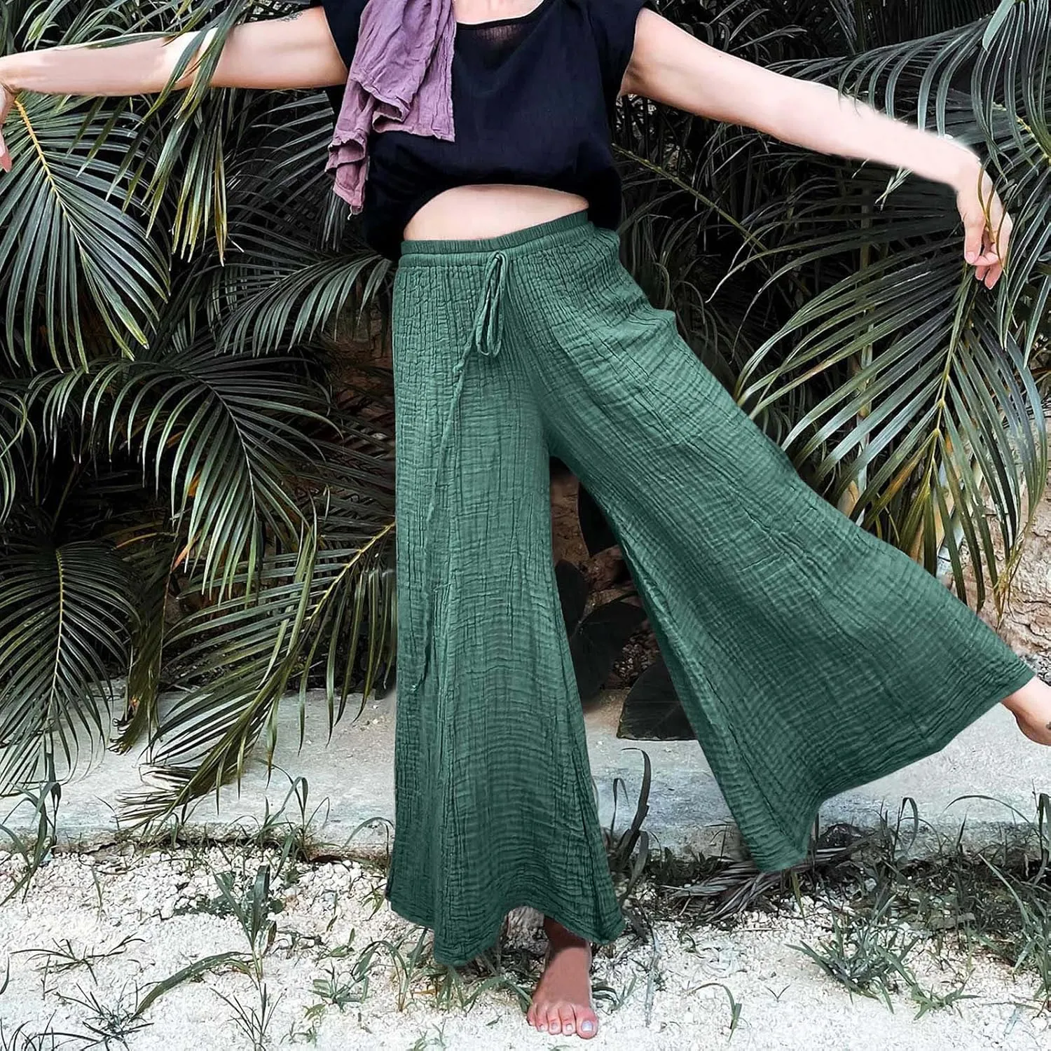FZYLQY Women's Linen Pants Bell-Bottoms Tie Knot Trousers Slacks Summer Beach Loose Flowy Capri Pants Palazzo Lounge Pants