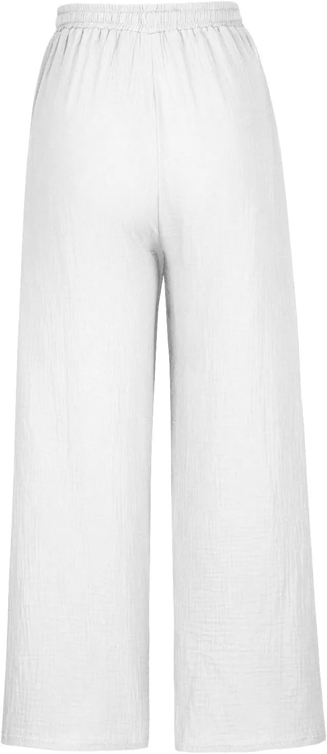 FZYLQY Women's Linen Pants Bell-Bottoms Tie Knot Trousers Slacks Summer Beach Loose Flowy Capri Pants Palazzo Lounge Pants