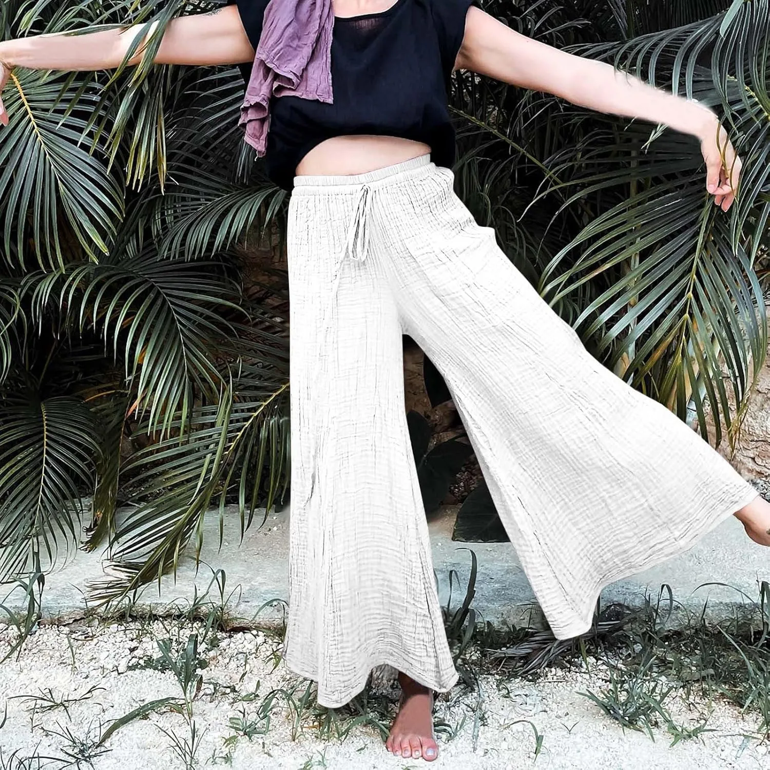 FZYLQY Women's Linen Pants Bell-Bottoms Tie Knot Trousers Slacks Summer Beach Loose Flowy Capri Pants Palazzo Lounge Pants