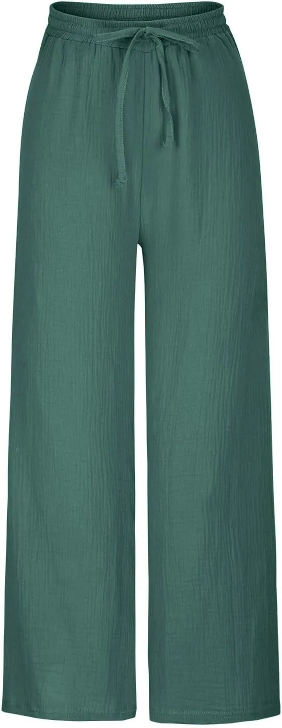 FZYLQY Women's Linen Pants Bell-Bottoms Tie Knot Trousers Slacks Summer Beach Loose Flowy Capri Pants Palazzo Lounge Pants