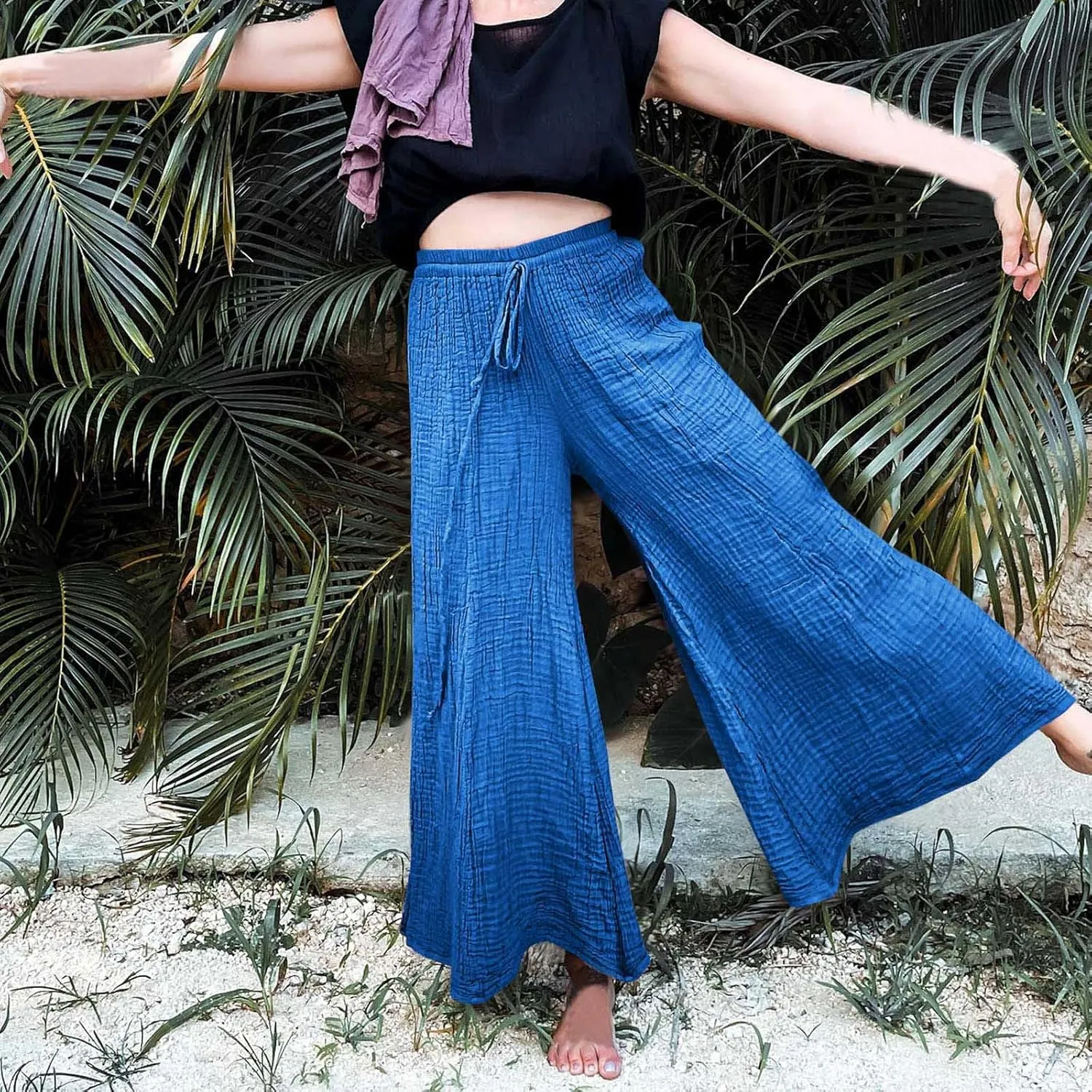 FZYLQY Women's Linen Pants Bell-Bottoms Tie Knot Trousers Slacks Summer Beach Loose Flowy Capri Pants Palazzo Lounge Pants