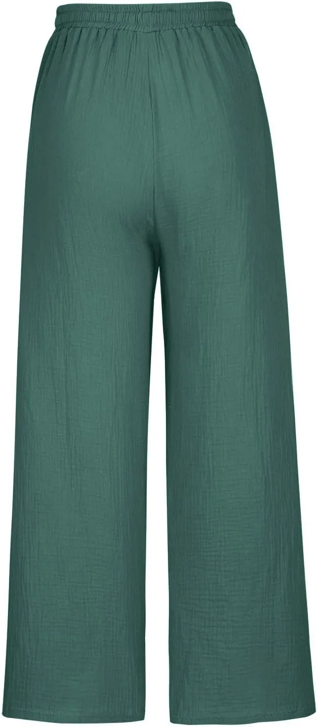 FZYLQY Women's Linen Pants Bell-Bottoms Tie Knot Trousers Slacks Summer Beach Loose Flowy Capri Pants Palazzo Lounge Pants