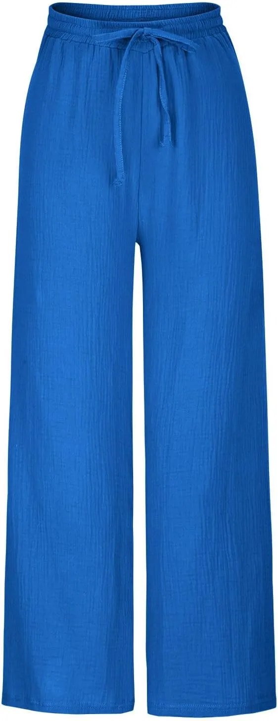 FZYLQY Women's Linen Pants Bell-Bottoms Tie Knot Trousers Slacks Summer Beach Loose Flowy Capri Pants Palazzo Lounge Pants