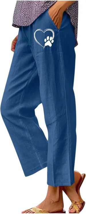 FZYLQY Womens Linen Pants with Pockets Lounge Pants 2025 High Waist Pants Comfy Cute Printed Casua Lightweight Loose Trousers