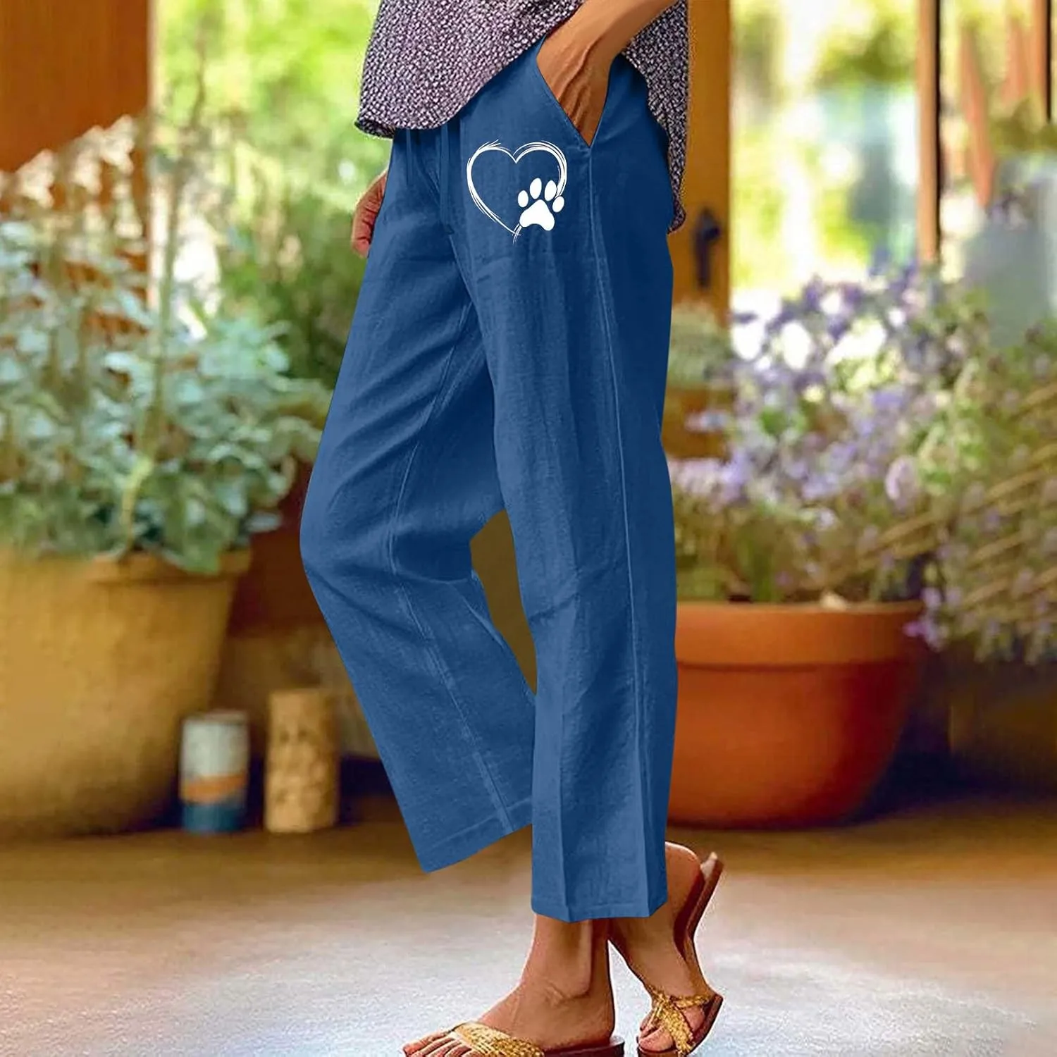 FZYLQY Womens Linen Pants with Pockets Lounge Pants 2025 High Waist Pants Comfy Cute Printed Casua Lightweight Loose Trousers