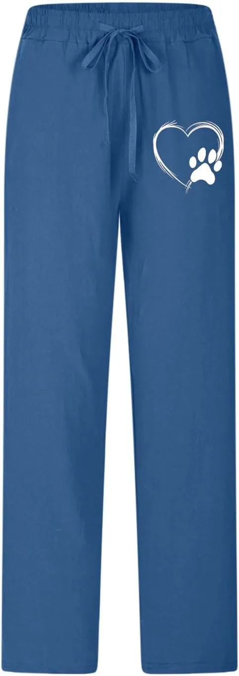 FZYLQY Womens Linen Pants with Pockets Lounge Pants 2025 High Waist Pants Comfy Cute Printed Casua Lightweight Loose Trousers
