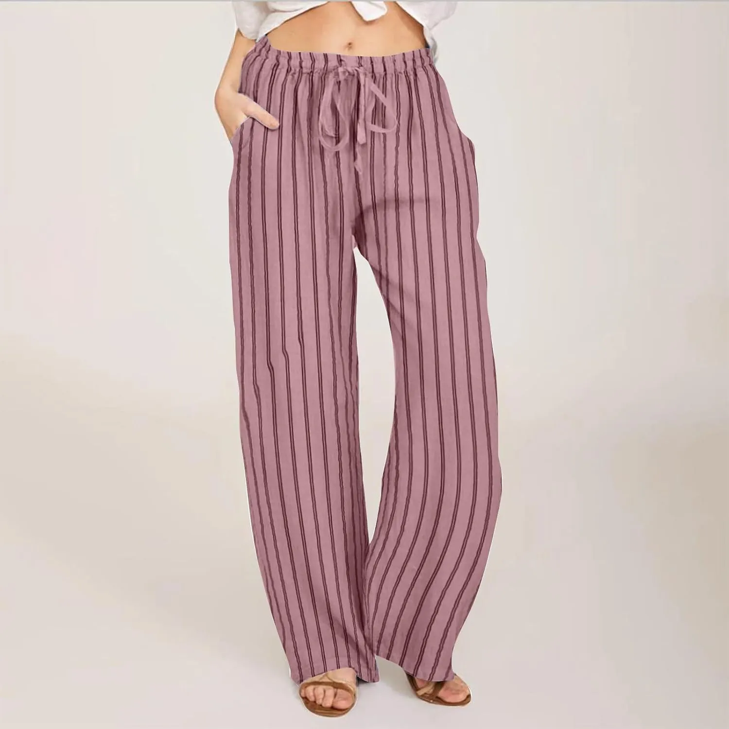 FZYLQY Women's Summer Drawstring Waist Wide Leg Loose Cotton Linen Palazzo Pants 2025 Boho Beach Travel Vacation Outfits