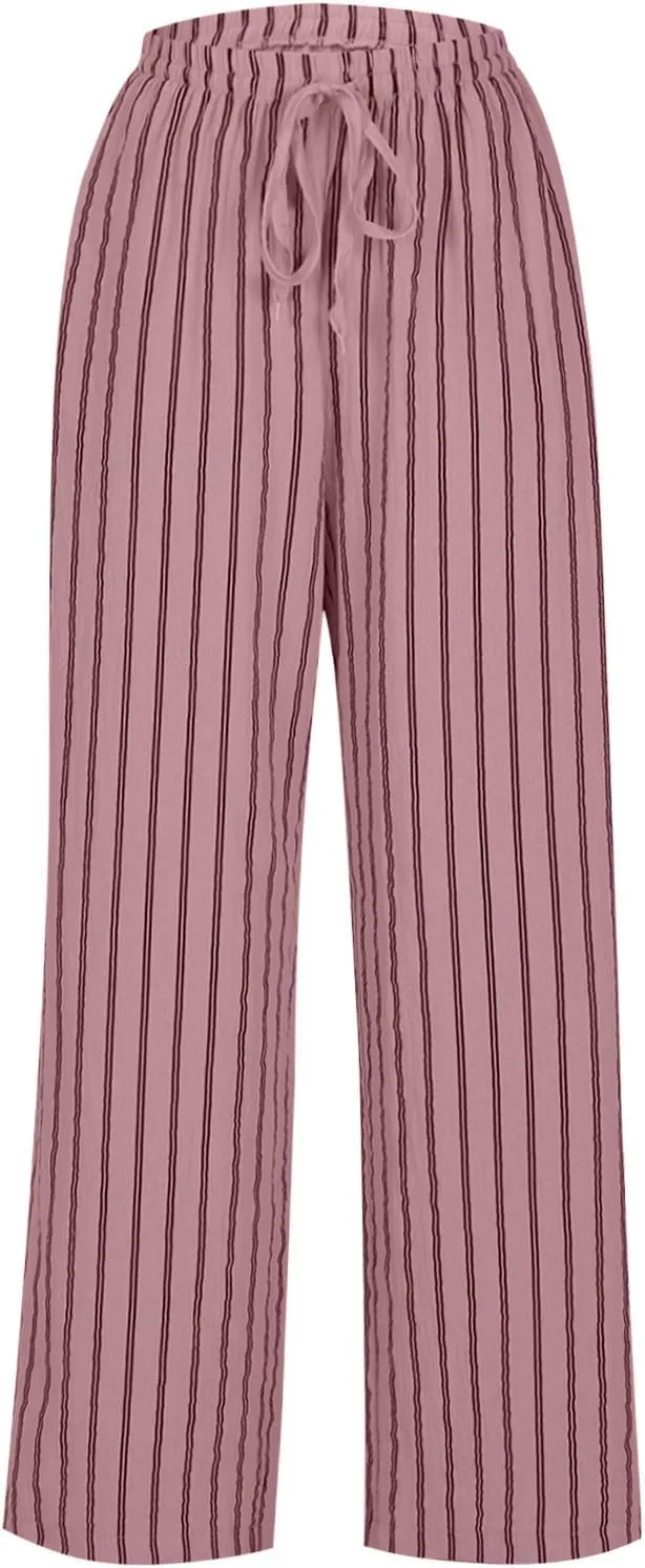 FZYLQY Women's Summer Drawstring Waist Wide Leg Loose Cotton Linen Palazzo Pants 2025 Boho Beach Travel Vacation Outfits