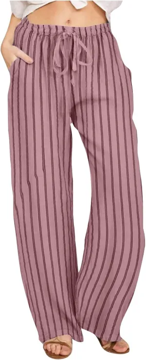 FZYLQY Women's Summer Drawstring Waist Wide Leg Loose Cotton Linen Palazzo Pants 2025 Boho Beach Travel Vacation Outfits