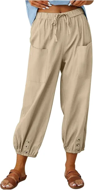 FZYLQY Women's Wide Leg Pants Elastic High Waist Drawstring Capri Trousers Lounge Linen Joggers Sweatpants with Pockets