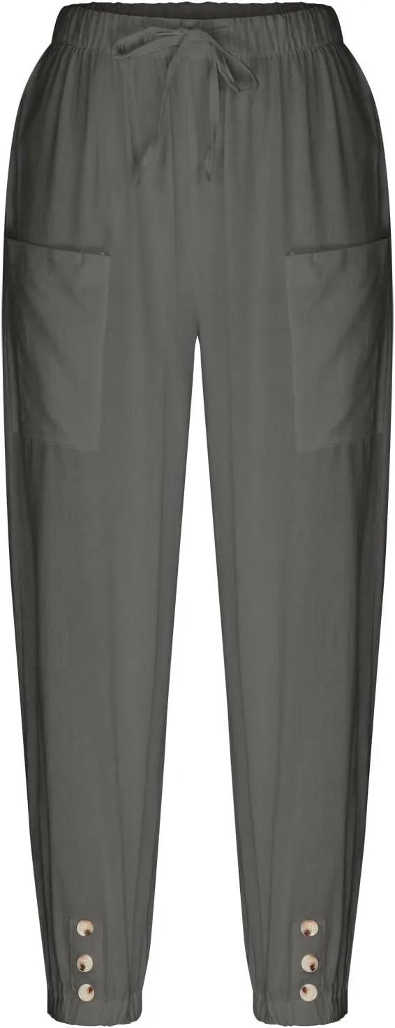 FZYLQY Women's Wide Leg Pants Elastic High Waist Drawstring Capri Trousers Lounge Linen Joggers Sweatpants with Pockets