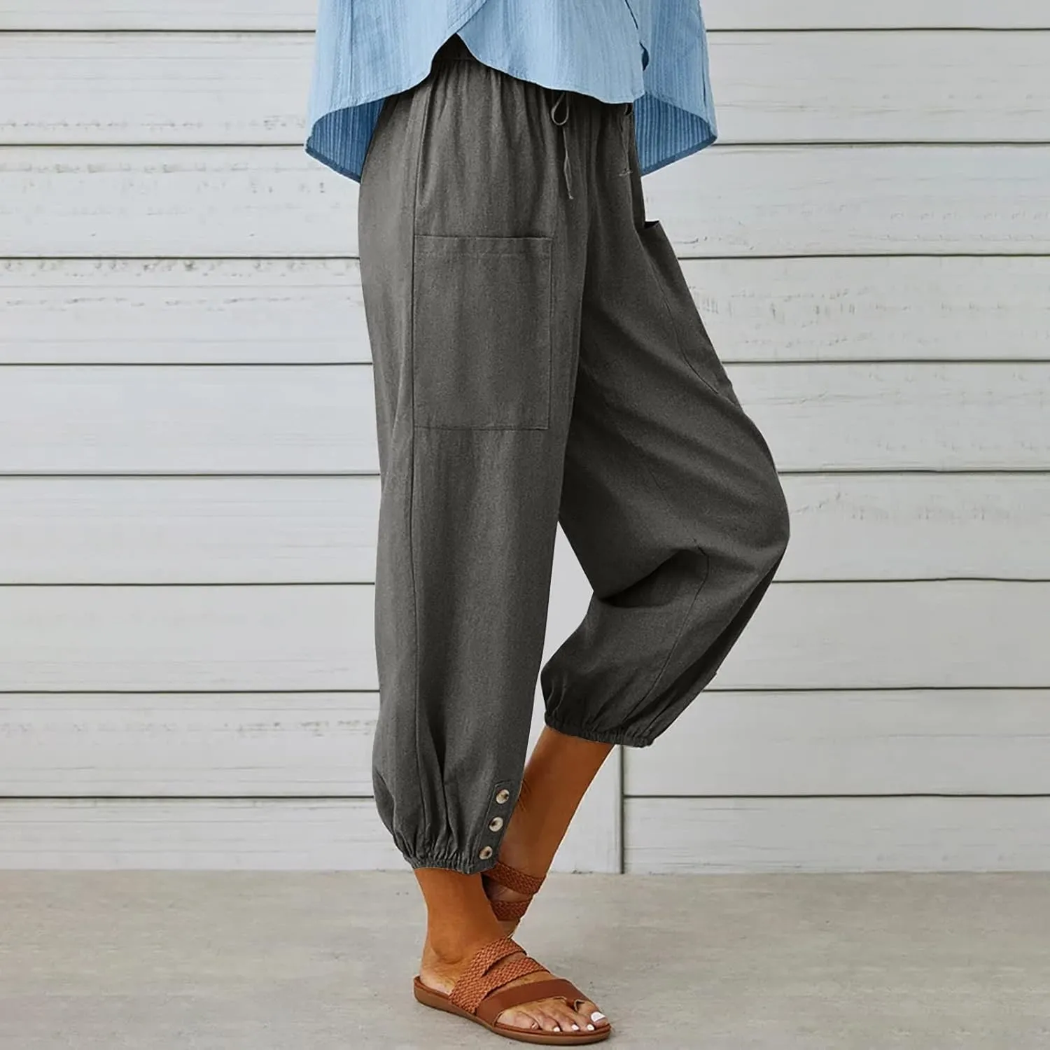 FZYLQY Women's Wide Leg Pants Elastic High Waist Drawstring Capri Trousers Lounge Linen Joggers Sweatpants with Pockets