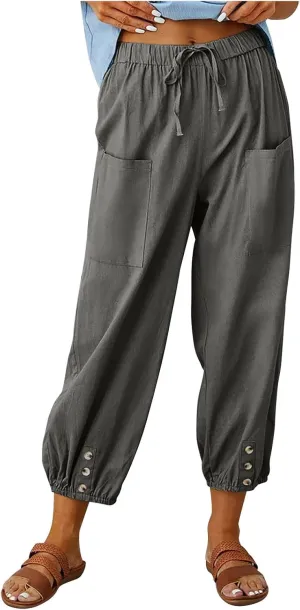 FZYLQY Women's Wide Leg Pants Elastic High Waist Drawstring Capri Trousers Lounge Linen Joggers Sweatpants with Pockets