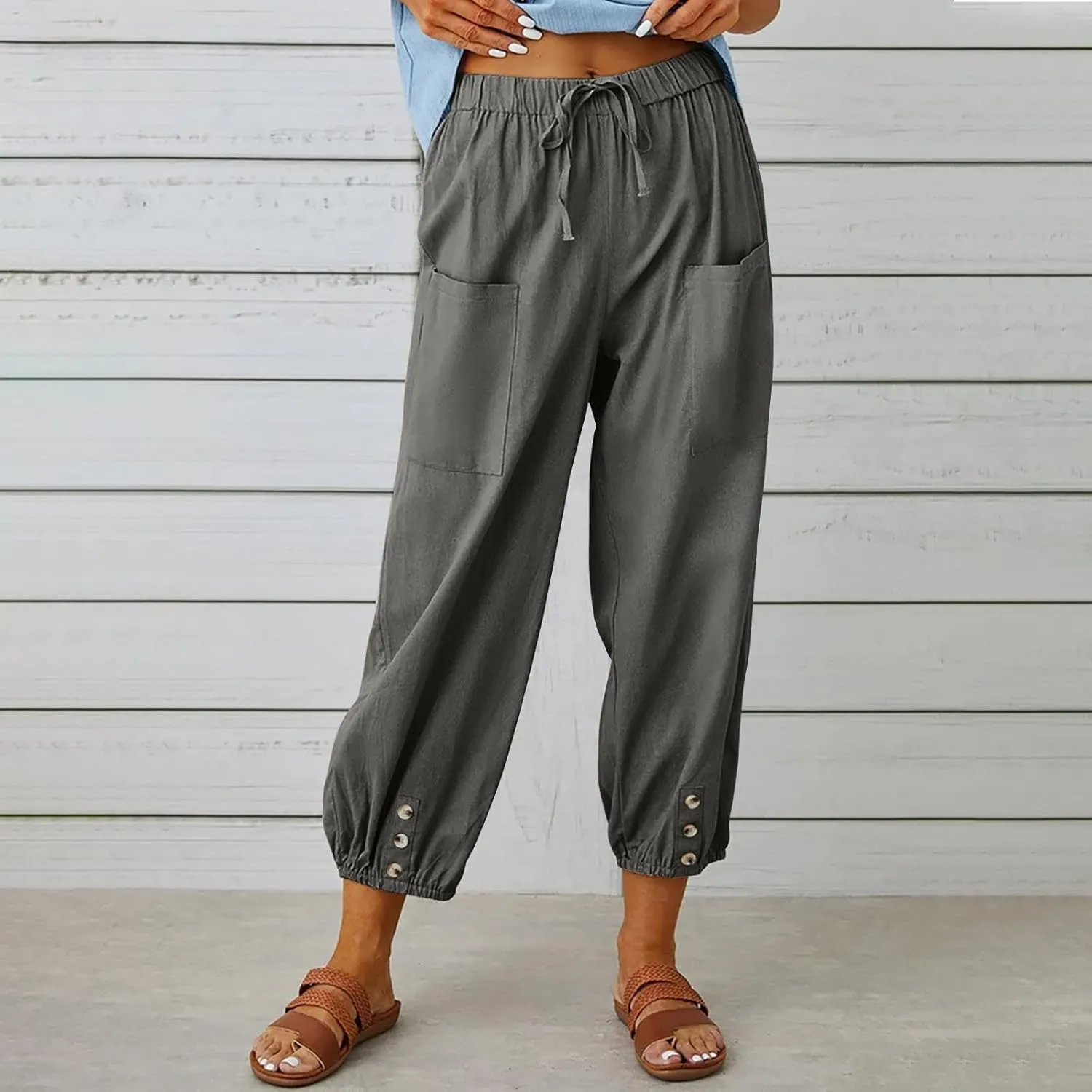 FZYLQY Women's Wide Leg Pants Elastic High Waist Drawstring Capri Trousers Lounge Linen Joggers Sweatpants with Pockets