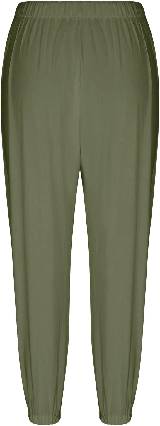 FZYLQY Women's Wide Leg Pants Elastic High Waist Drawstring Capri Trousers Lounge Linen Joggers Sweatpants with Pockets