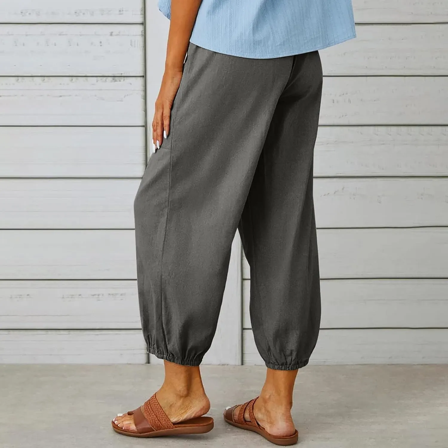 FZYLQY Women's Wide Leg Pants Elastic High Waist Drawstring Capri Trousers Lounge Linen Joggers Sweatpants with Pockets