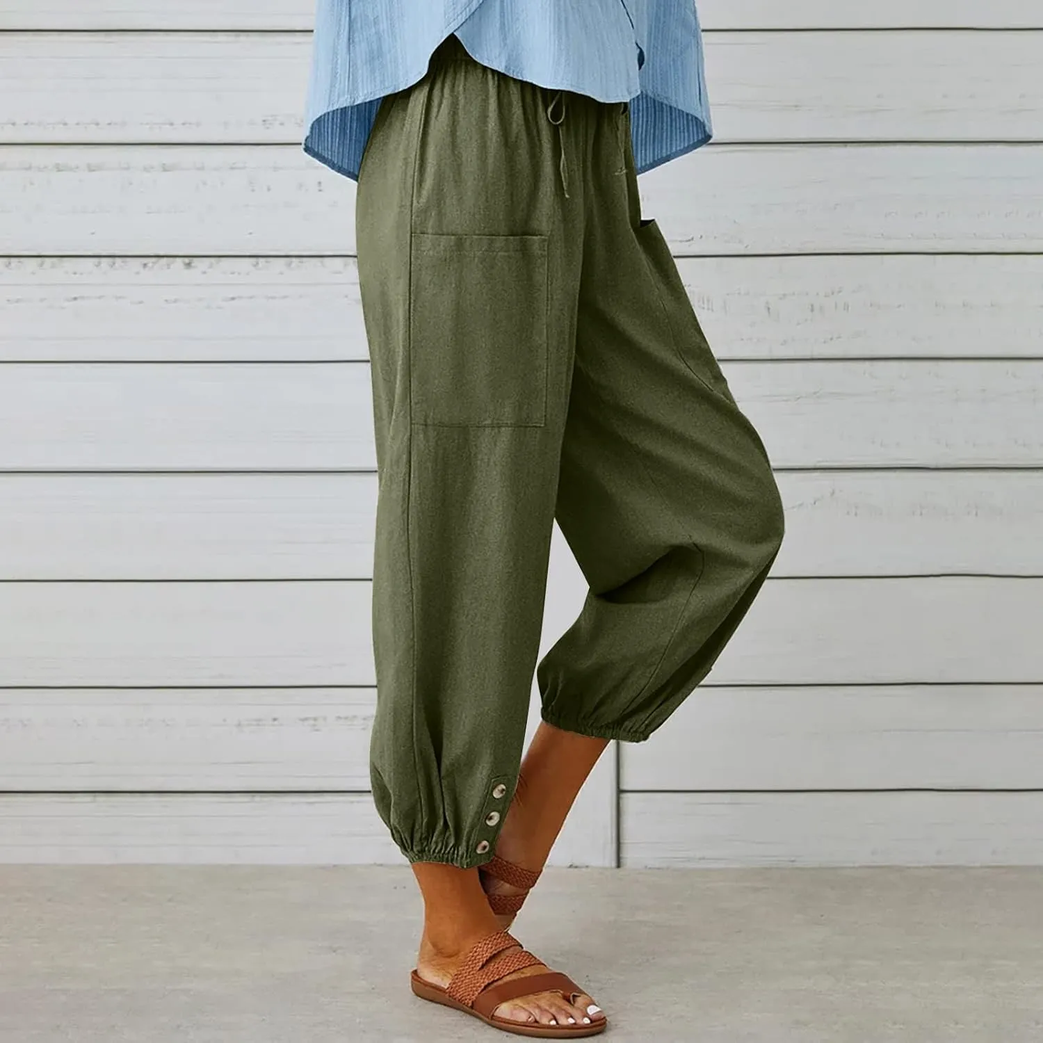 FZYLQY Women's Wide Leg Pants Elastic High Waist Drawstring Capri Trousers Lounge Linen Joggers Sweatpants with Pockets