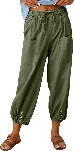 FZYLQY Women's Wide Leg Pants Elastic High Waist Drawstring Capri Trousers Lounge Linen Joggers Sweatpants with Pockets