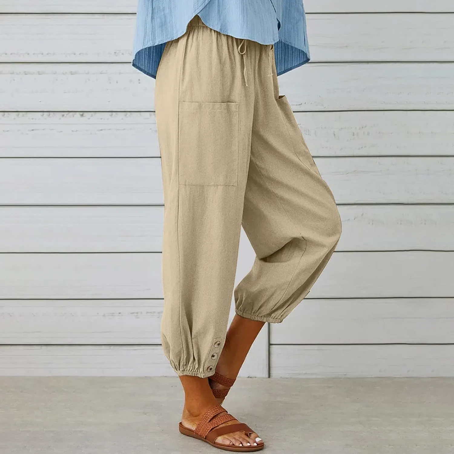 FZYLQY Women's Wide Leg Pants Elastic High Waist Drawstring Capri Trousers Lounge Linen Joggers Sweatpants with Pockets