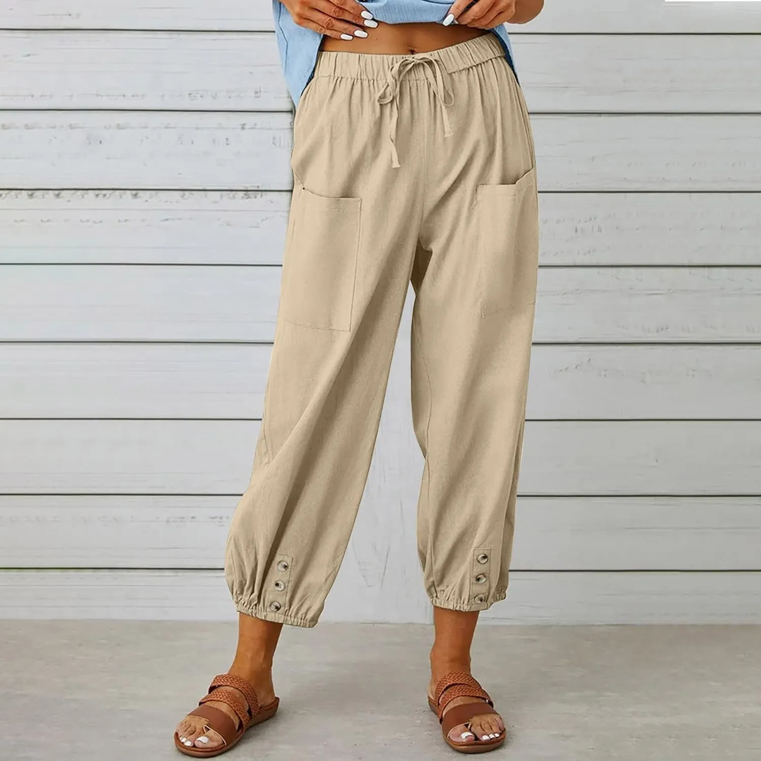 FZYLQY Women's Wide Leg Pants Elastic High Waist Drawstring Capri Trousers Lounge Linen Joggers Sweatpants with Pockets