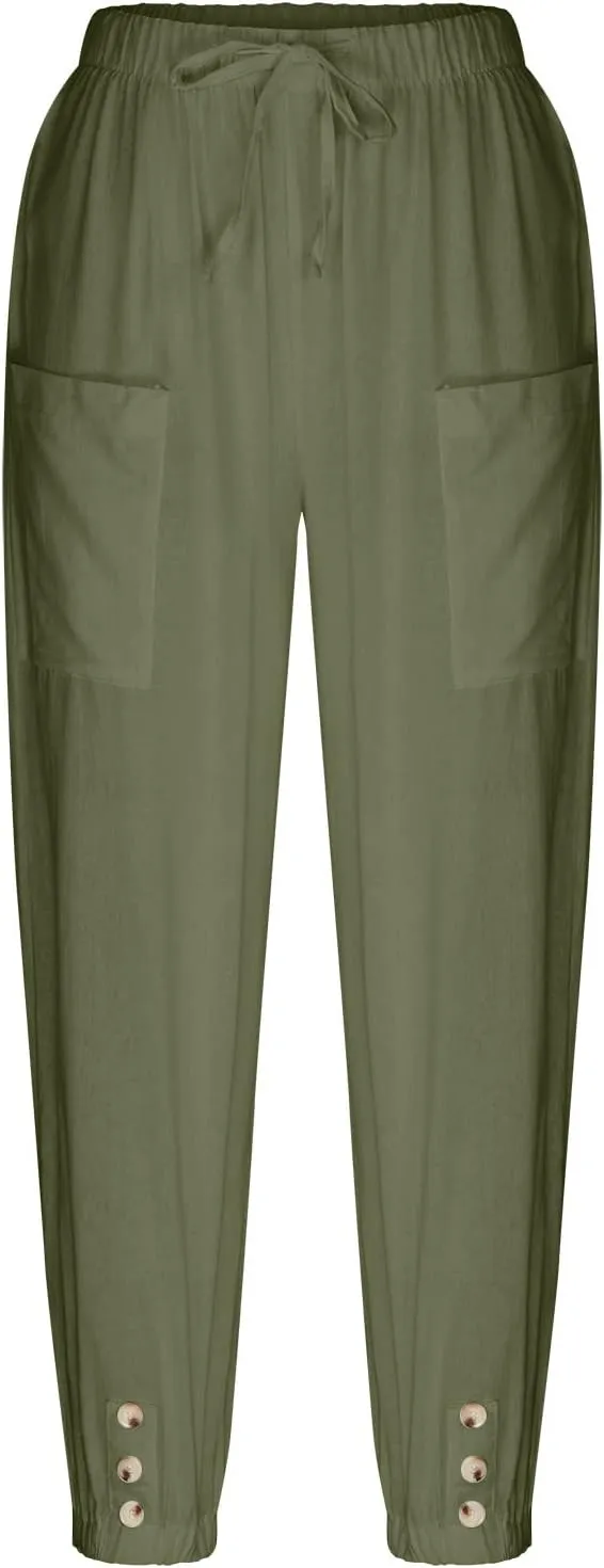 FZYLQY Women's Wide Leg Pants Elastic High Waist Drawstring Capri Trousers Lounge Linen Joggers Sweatpants with Pockets