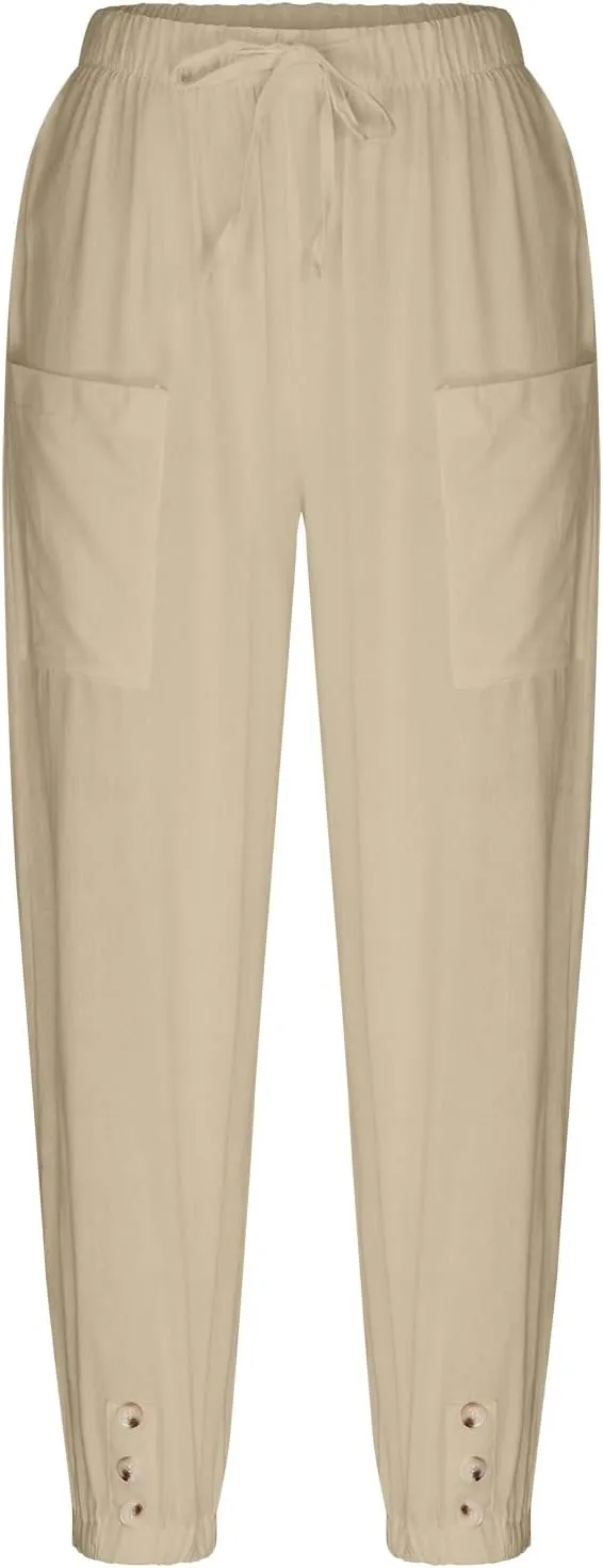 FZYLQY Women's Wide Leg Pants Elastic High Waist Drawstring Capri Trousers Lounge Linen Joggers Sweatpants with Pockets