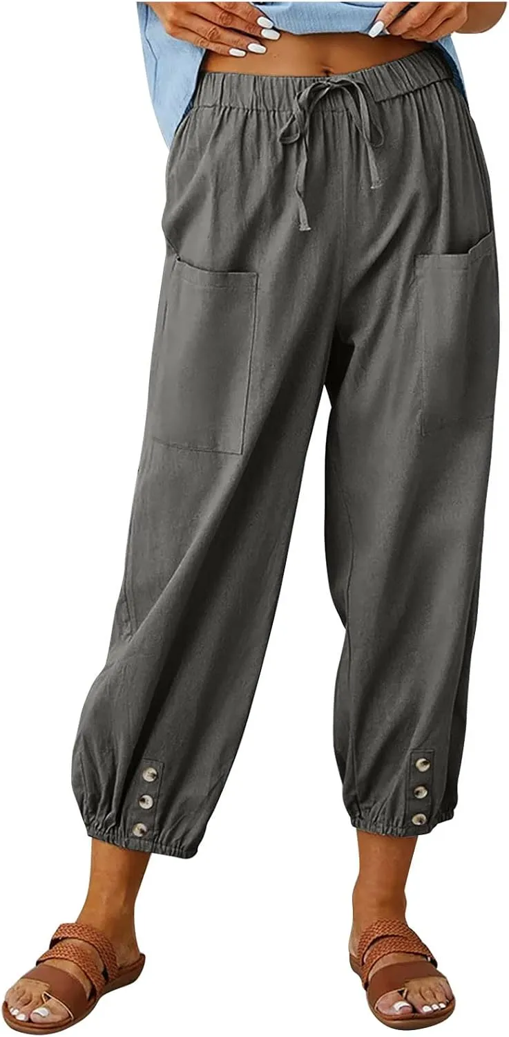 FZYLQY Women's Wide Leg Pants Elastic High Waist Drawstring Capri Trousers Lounge Linen Joggers Sweatpants with Pockets