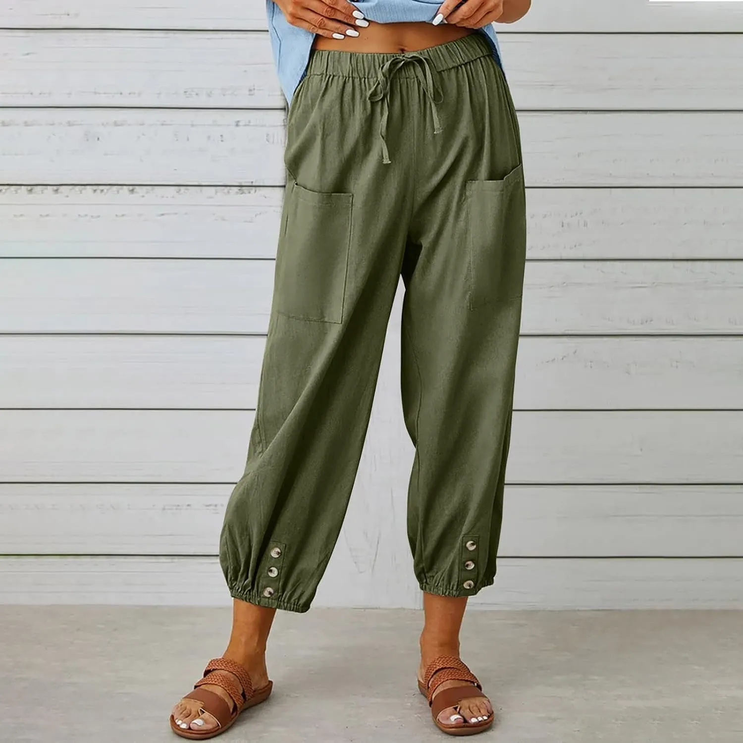 FZYLQY Women's Wide Leg Pants Elastic High Waist Drawstring Capri Trousers Lounge Linen Joggers Sweatpants with Pockets