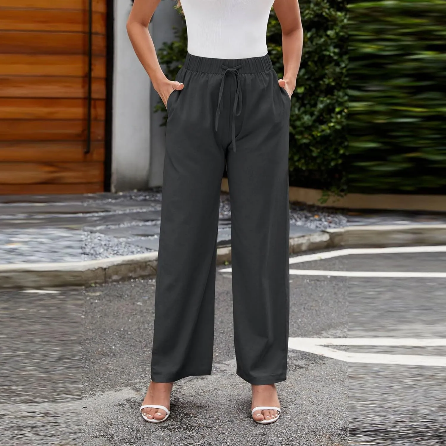 FZYLQY Women's Wide Leg Pants High Elastic Waisted Business Work Trousers Long Straight 2025 Summer Short Pants for Ladies