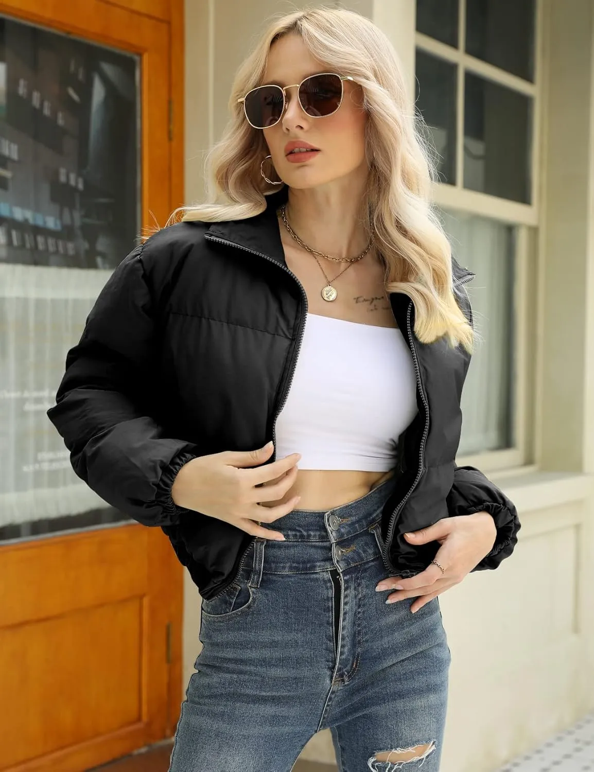 Gihuo Women's Cropped Puffer Jacket Zip Up Winter Short Quilted Jackets Bubble Coat