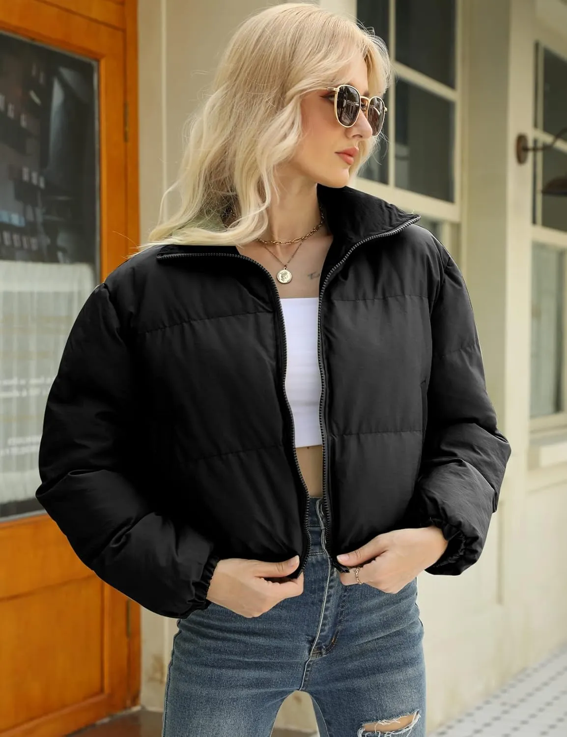 Gihuo Women's Cropped Puffer Jacket Zip Up Winter Short Quilted Jackets Bubble Coat