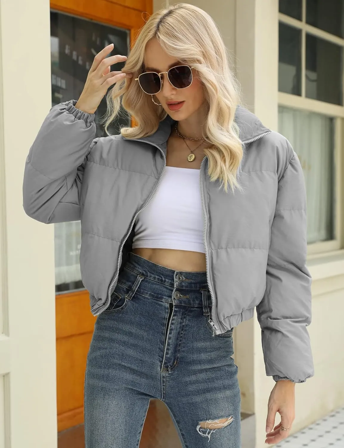 Gihuo Women's Cropped Puffer Jacket Zip Up Winter Short Quilted Jackets Bubble Coat