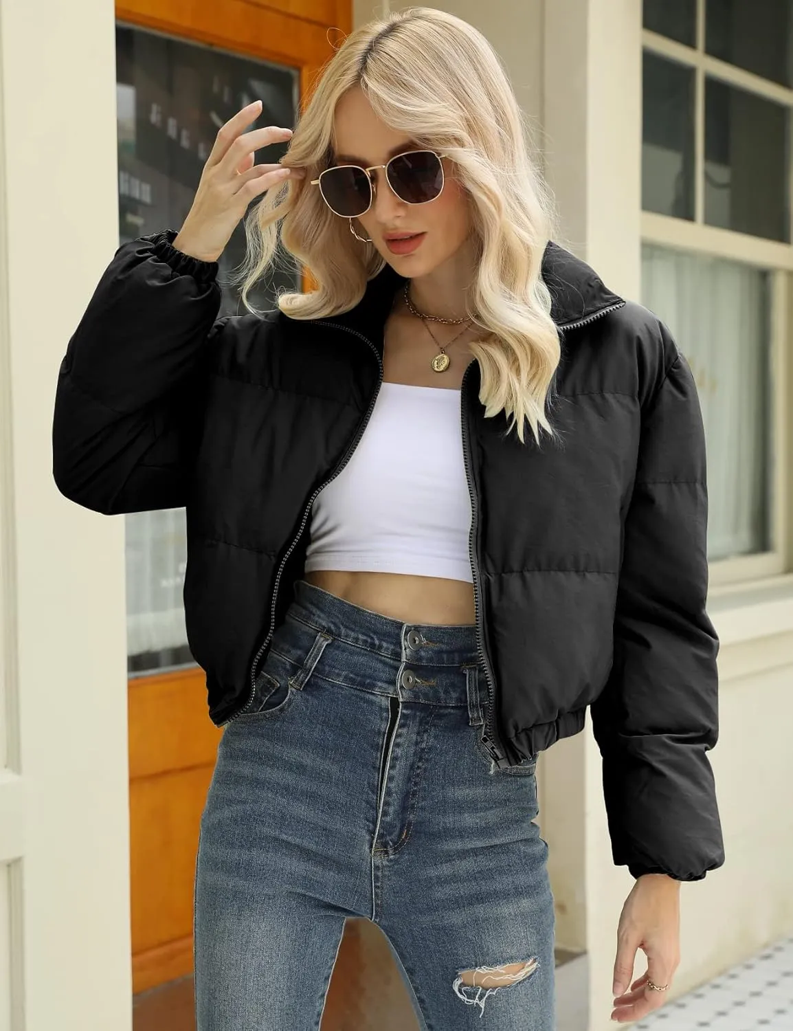 Gihuo Women's Cropped Puffer Jacket Zip Up Winter Short Quilted Jackets Bubble Coat