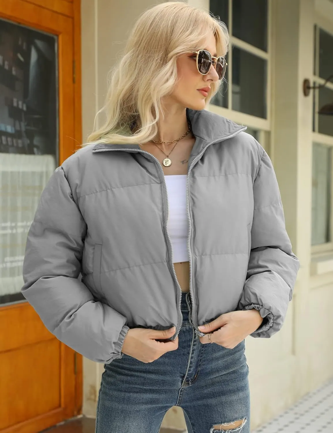 Gihuo Women's Cropped Puffer Jacket Zip Up Winter Short Quilted Jackets Bubble Coat
