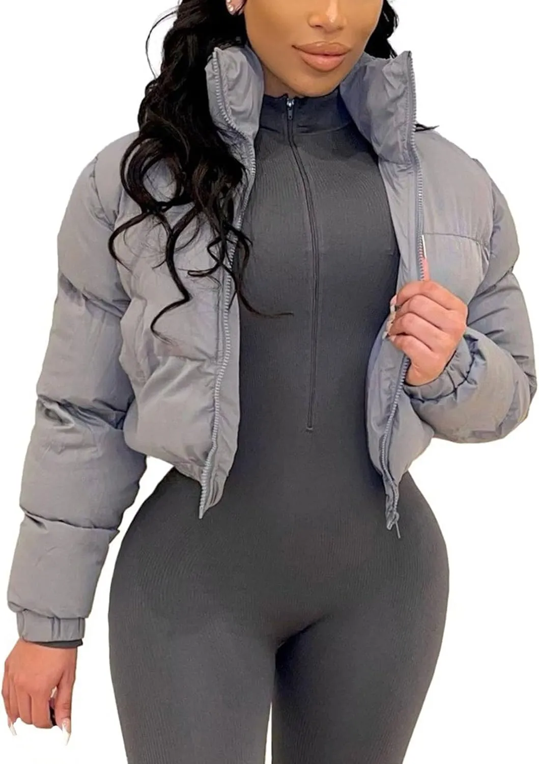 Gihuo Women's Cropped Puffer Jacket Zip Up Winter Short Quilted Jackets Bubble Coat