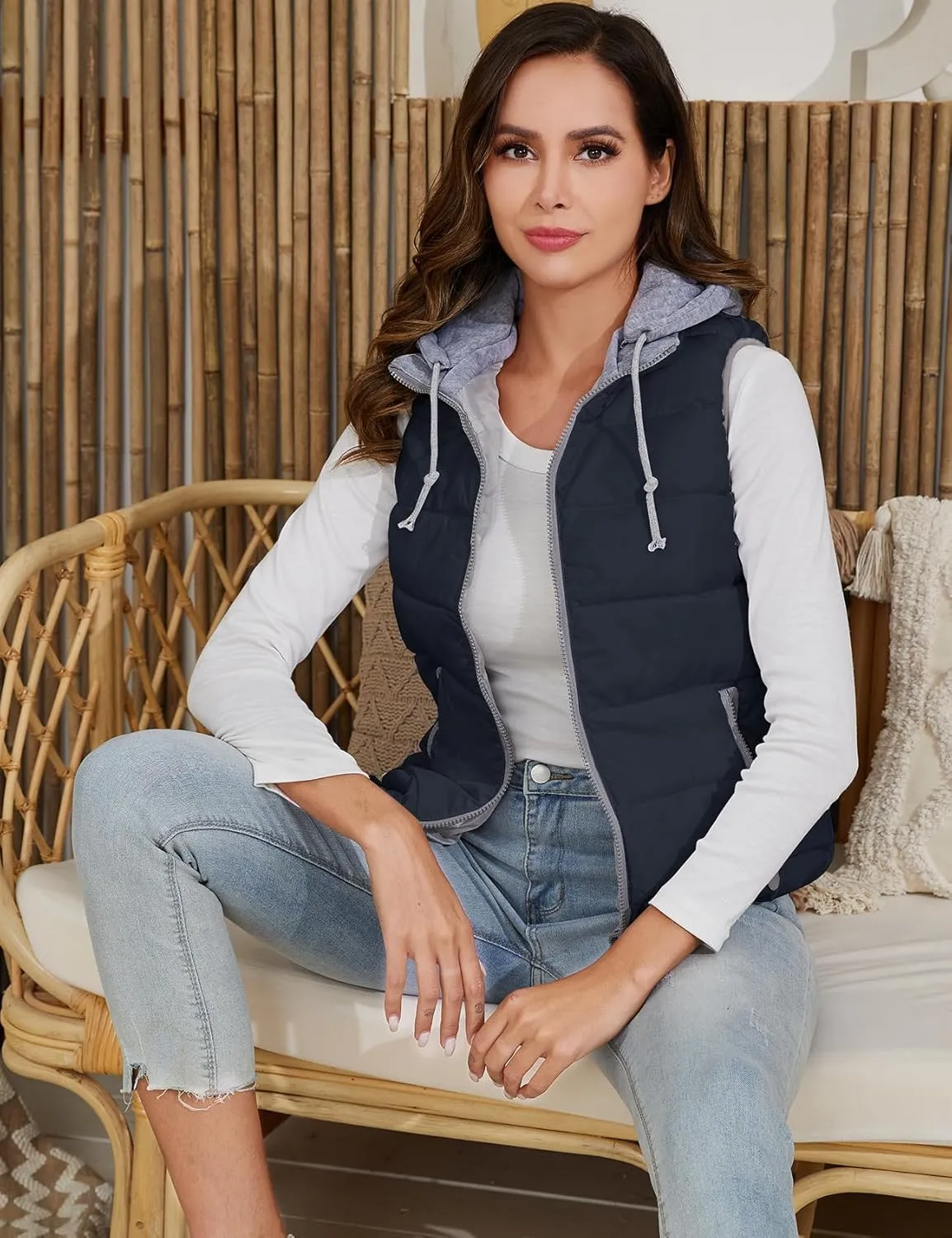 Gihuo Women's Puffer Vest Zip Up Quilted Padded Winter Sleeveless Hooded Vest Gilet Warm Jacket Outerwear Vest