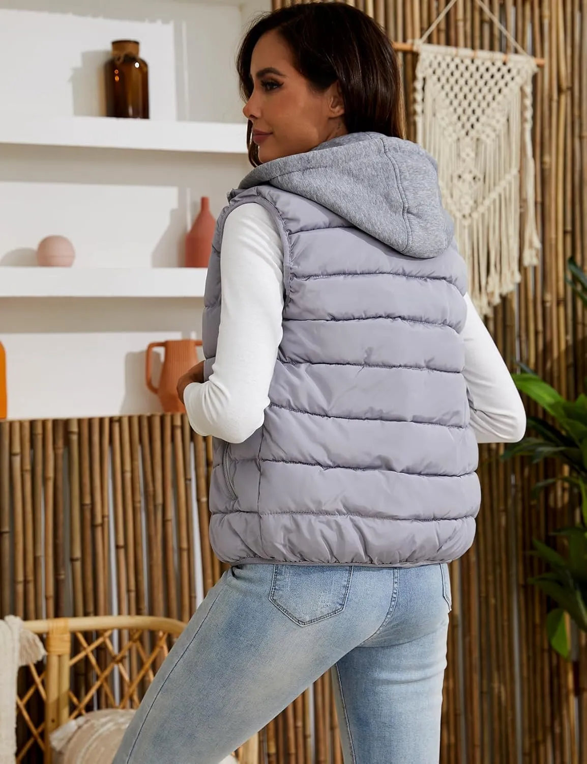 Gihuo Women's Puffer Vest Zip Up Quilted Padded Winter Sleeveless Hooded Vest Gilet Warm Jacket Outerwear Vest