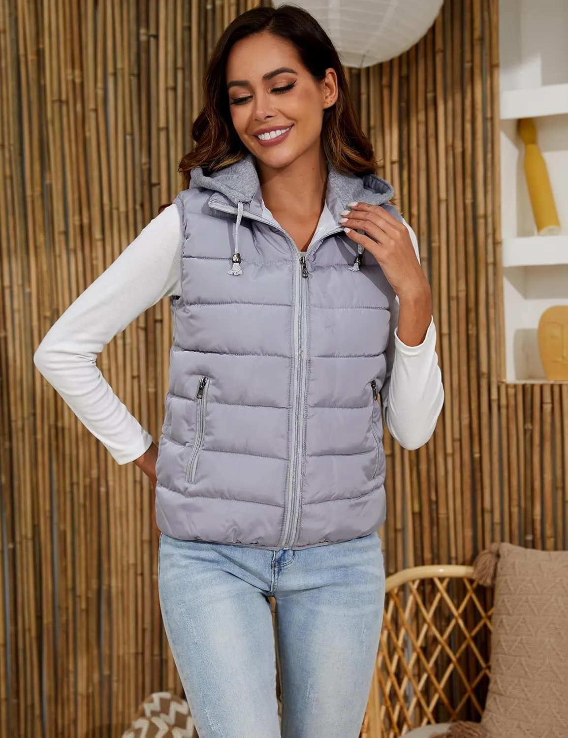 Gihuo Women's Puffer Vest Zip Up Quilted Padded Winter Sleeveless Hooded Vest Gilet Warm Jacket Outerwear Vest