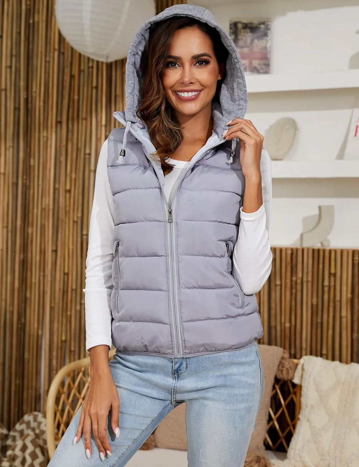 Gihuo Women's Puffer Vest Zip Up Quilted Padded Winter Sleeveless Hooded Vest Gilet Warm Jacket Outerwear Vest