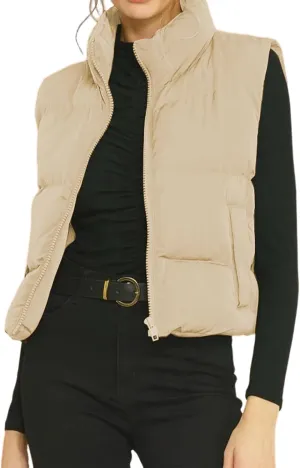 Gihuo Women's Winter Cropped Puffer Vest Stand Collar Zip Up Sleeveless Padded Jacket Lightweight Outerwear
