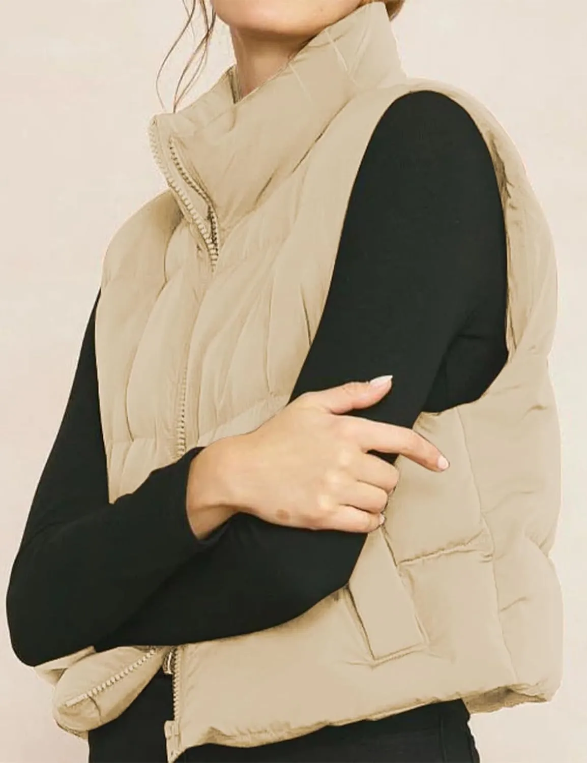 Gihuo Women's Winter Cropped Puffer Vest Stand Collar Zip Up Sleeveless Padded Jacket Lightweight Outerwear