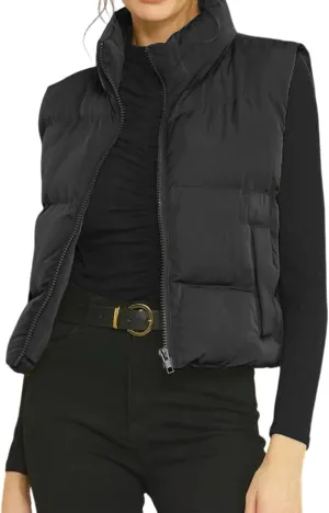 Gihuo Women's Winter Cropped Puffer Vest Stand Collar Zip Up Sleeveless Padded Jacket Lightweight Outerwear