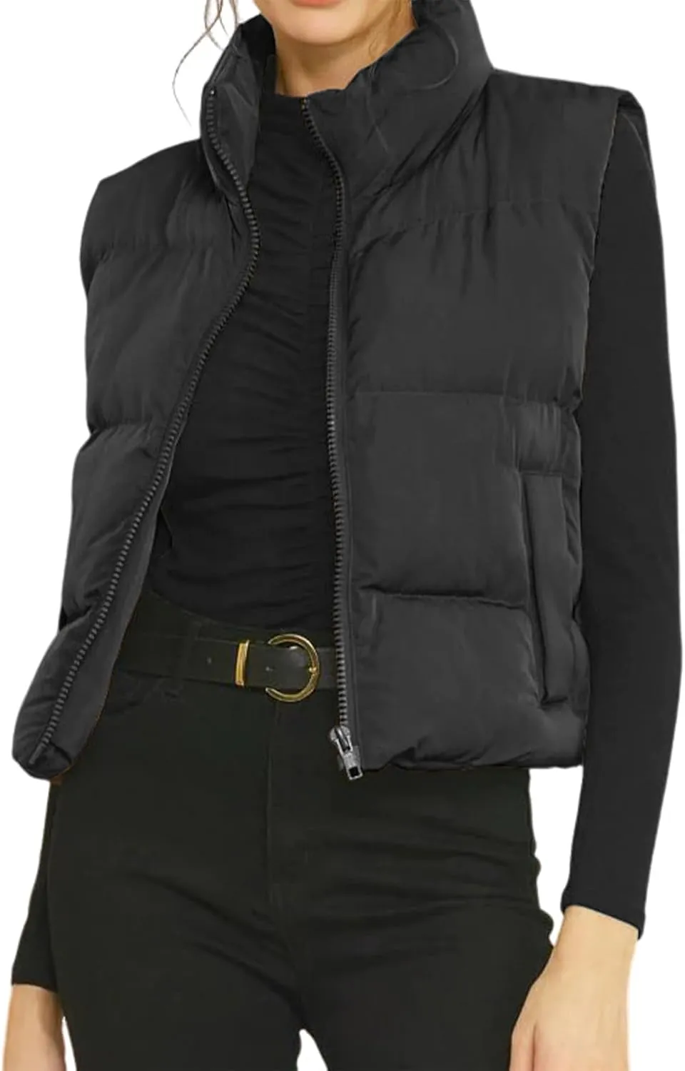 Gihuo Women's Winter Cropped Puffer Vest Stand Collar Zip Up Sleeveless Padded Jacket Lightweight Outerwear