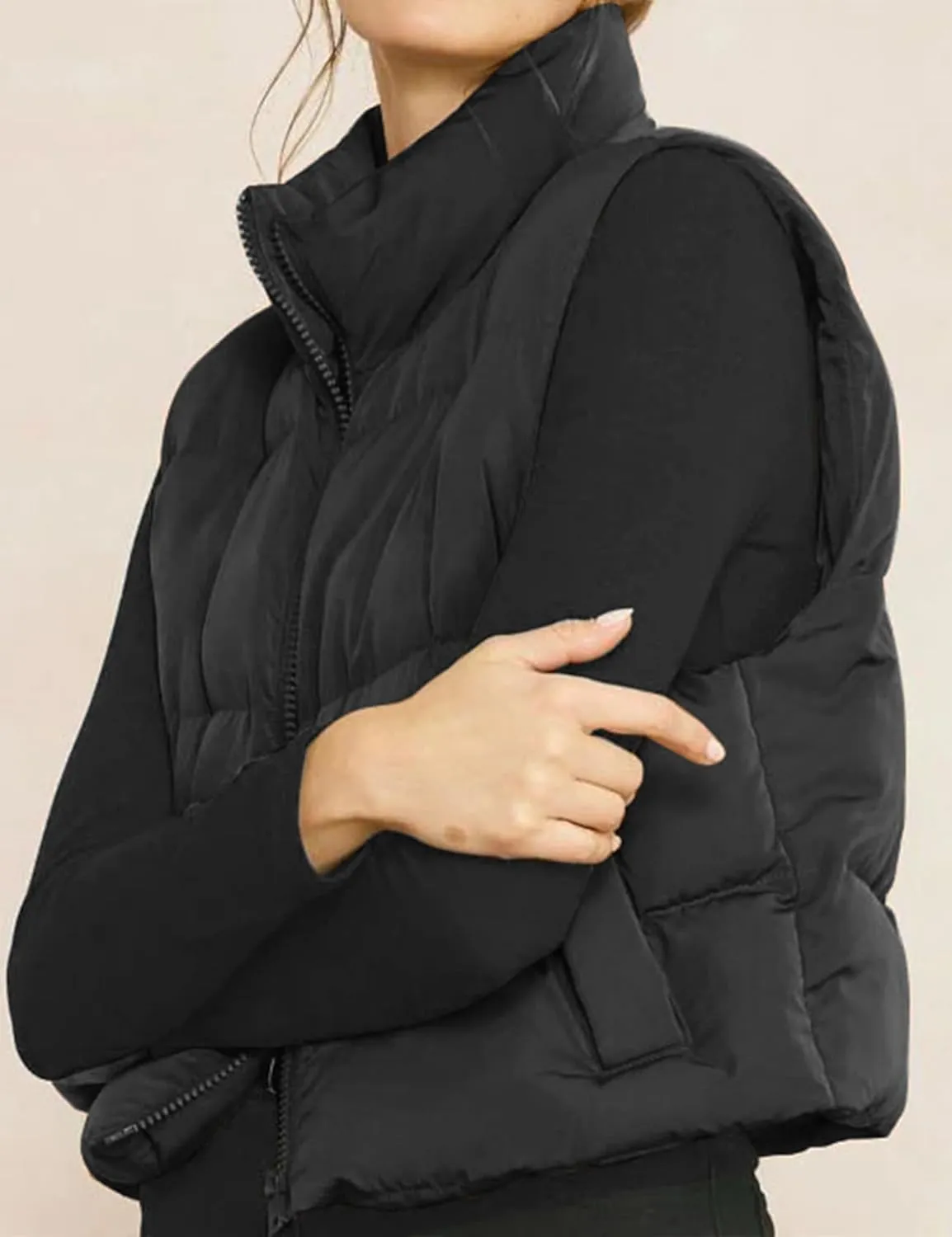 Gihuo Women's Winter Cropped Puffer Vest Stand Collar Zip Up Sleeveless Padded Jacket Lightweight Outerwear