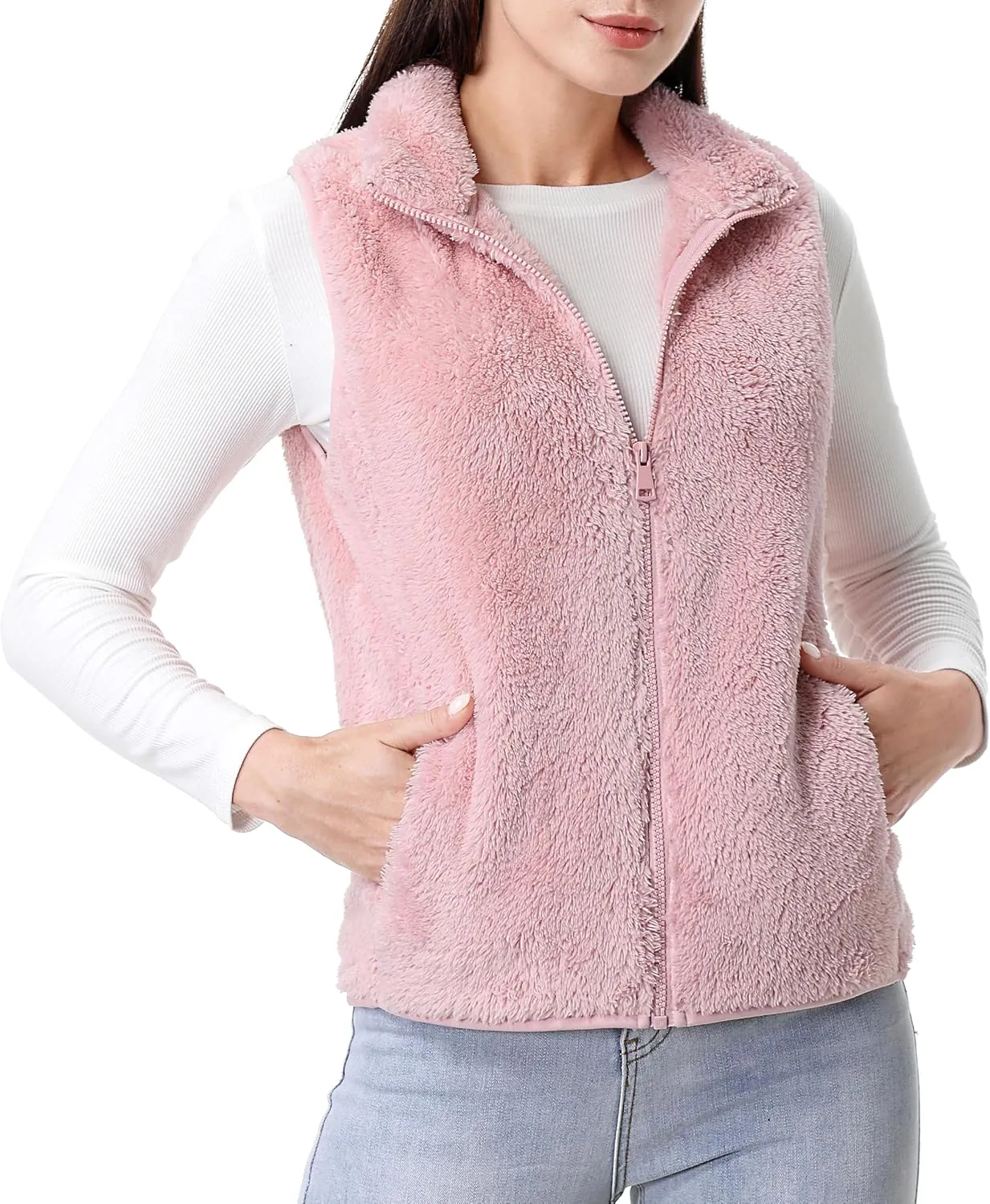 GIMECEN Womens Fuzzy Sherpa Fleece Vest Lightweight Sleeveless Jacket Full Zip Outerwear Polar Soft Waistcoat