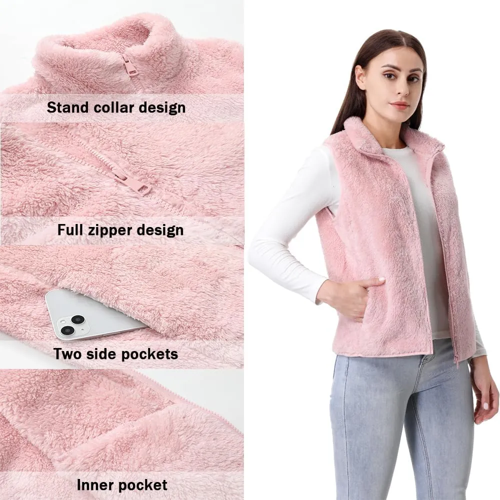 GIMECEN Womens Fuzzy Sherpa Fleece Vest Lightweight Sleeveless Jacket Full Zip Outerwear Polar Soft Waistcoat