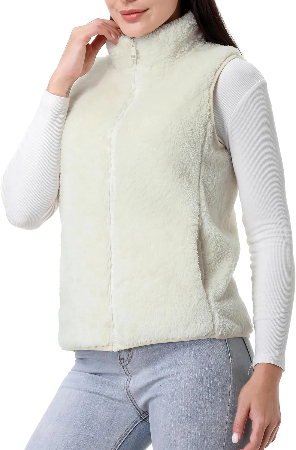 GIMECEN Womens Fuzzy Sherpa Fleece Vest Lightweight Sleeveless Jacket Full Zip Outerwear Polar Soft Waistcoat