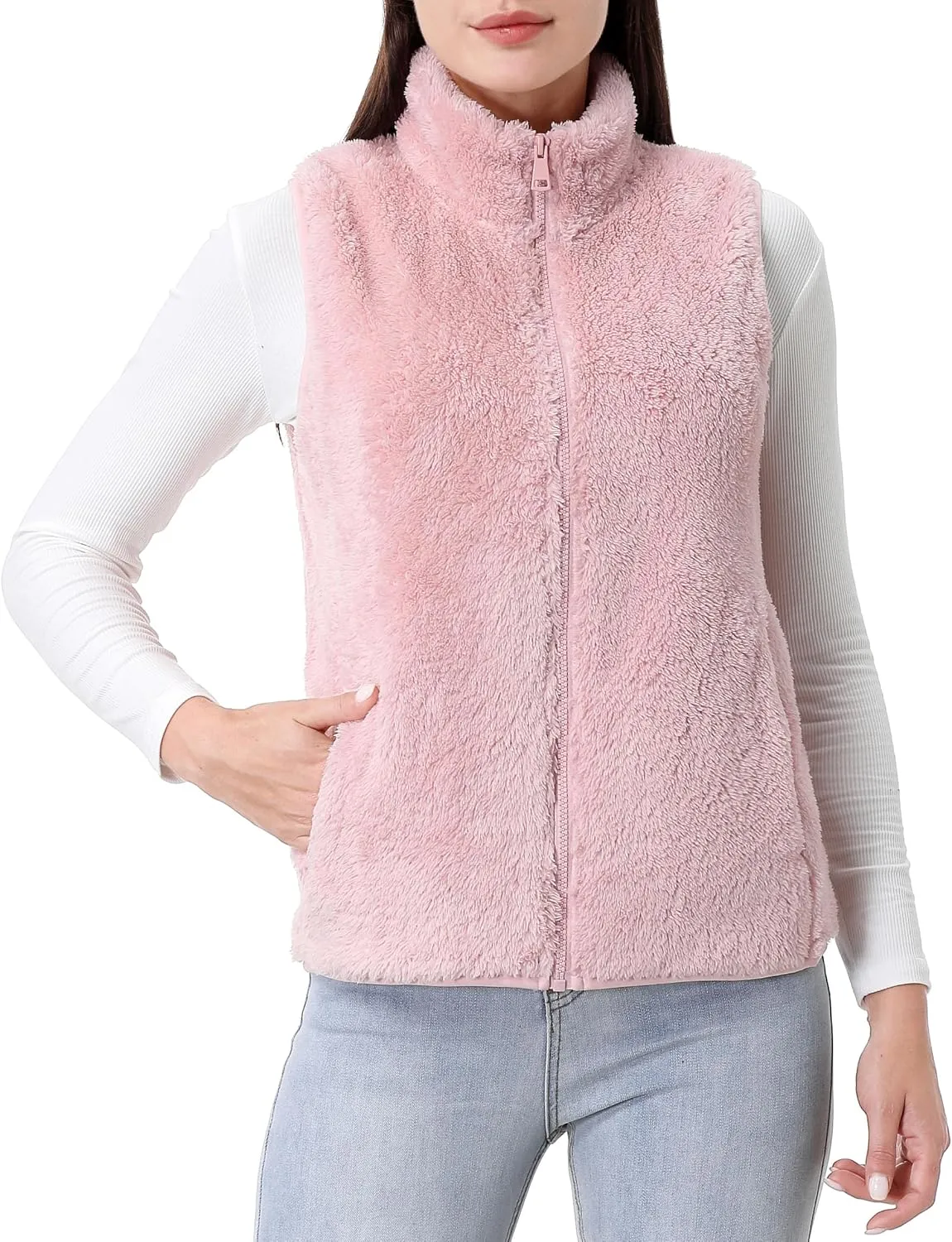 GIMECEN Womens Fuzzy Sherpa Fleece Vest Lightweight Sleeveless Jacket Full Zip Outerwear Polar Soft Waistcoat