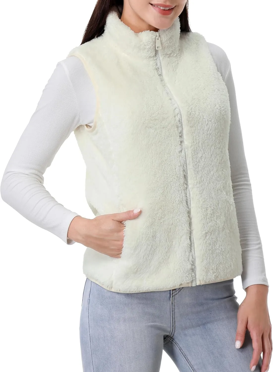 GIMECEN Womens Fuzzy Sherpa Fleece Vest Lightweight Sleeveless Jacket Full Zip Outerwear Polar Soft Waistcoat