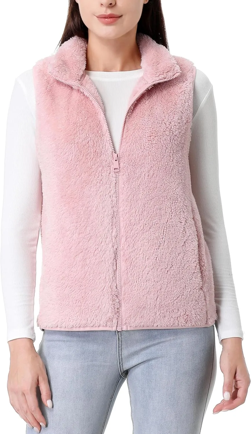 GIMECEN Womens Fuzzy Sherpa Fleece Vest Lightweight Sleeveless Jacket Full Zip Outerwear Polar Soft Waistcoat